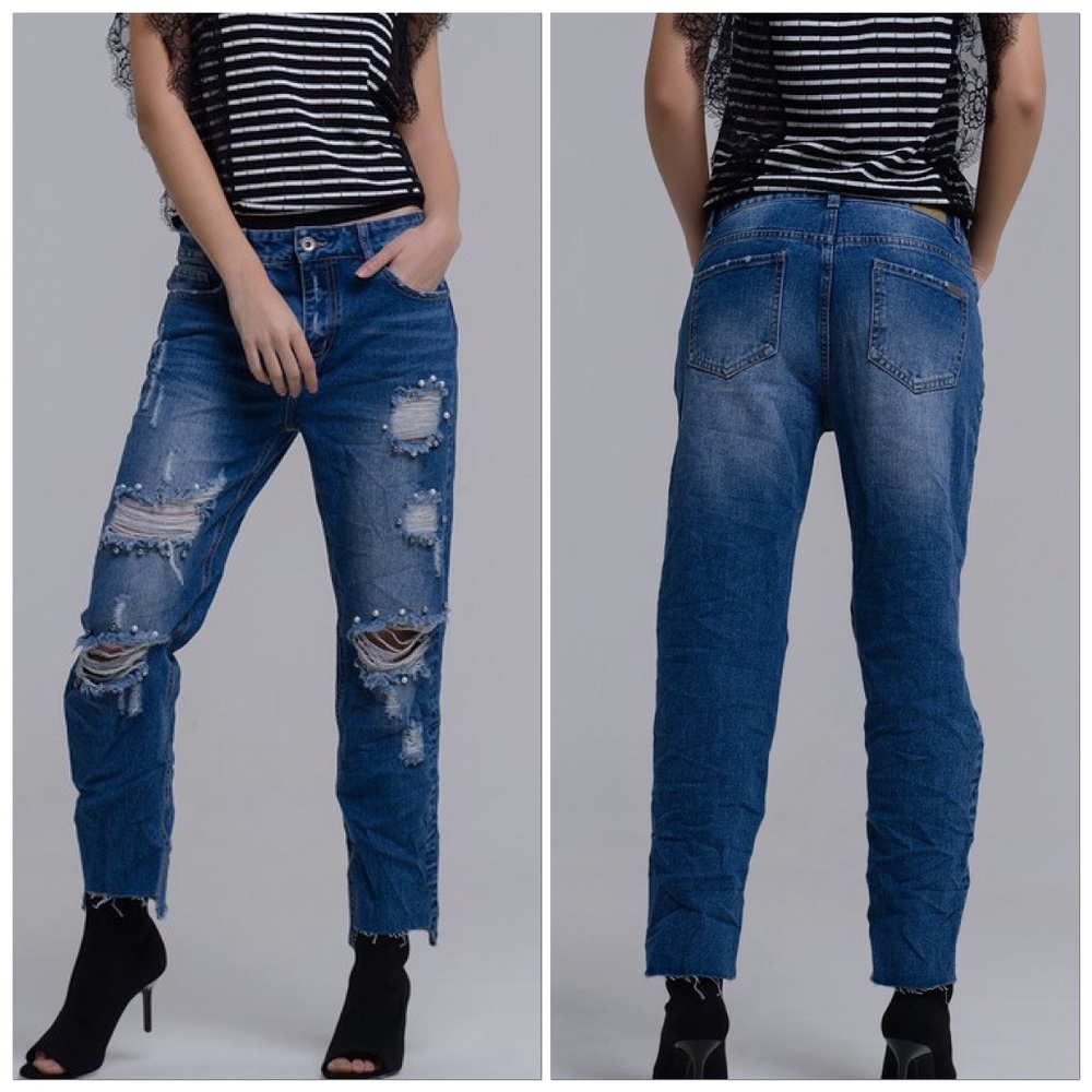 🆕Med Dark Blue Pearl Embellished Boho Distressed Ripped Knee Straight Leg Jeans - Picture 6 of 9